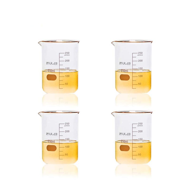 ULAB Scientific Glass Beaker Set, Vol. 250ml, 3.3 Borosilicate Griffin Low Form with Printed Graduation, Pack of 4, UBG1015 - Image 1